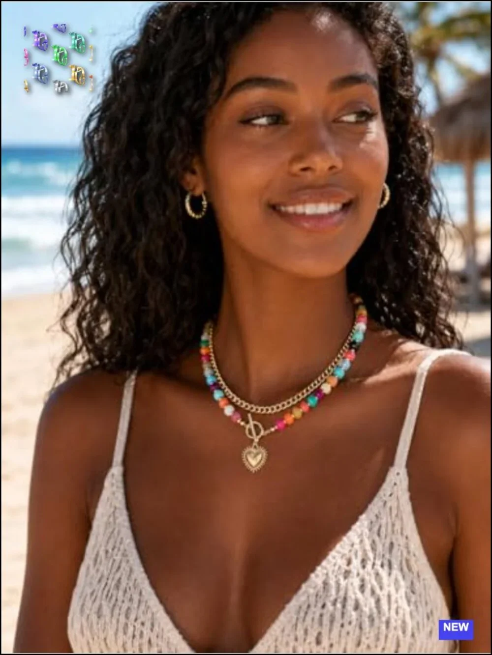 Layered Acrylic Bead & Heart Pendant Choker Necklace